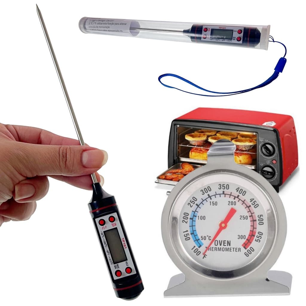 Kit Termômetros Culinários Espeto Agulha Digital + Forno Analógico Aço Inox 300° Líquidos e Sólidos
