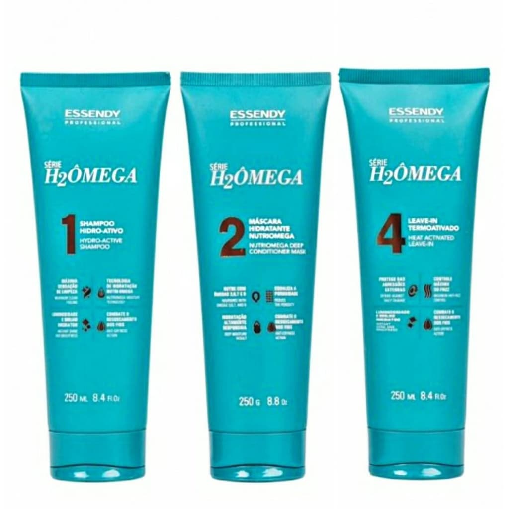 Kit Home Care Série H2Ômega 250ml Essendy - Shampoo, Máscara Capilar e Leave-in Hidratante - Pronta Entrega - Completo O