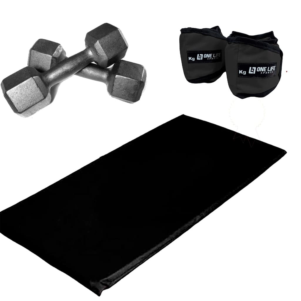 Kit Treino  Em Casa - Colchonete + Par Halter Sextavado 3kg + Par Caneleira 4Kg - Academia Cross training em Casa