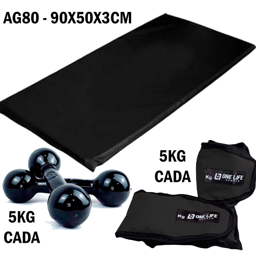 Kit Treino Funcional Profissional em Casa - Colchonete AG80 + Tornozeleira 5kg +Halter 5kg