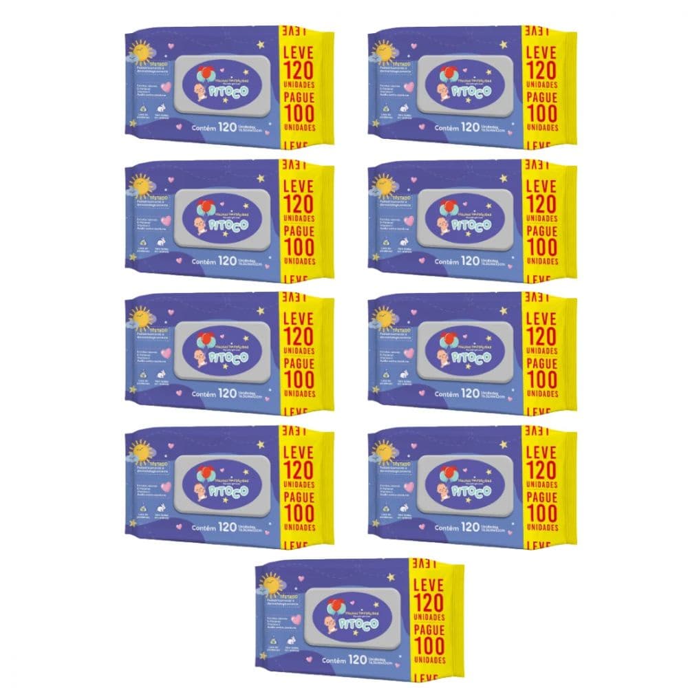 Toalhas Umedecidas Pitoco C/ 120 Unidades/Toalhas Umedecidas - Kit com 9.