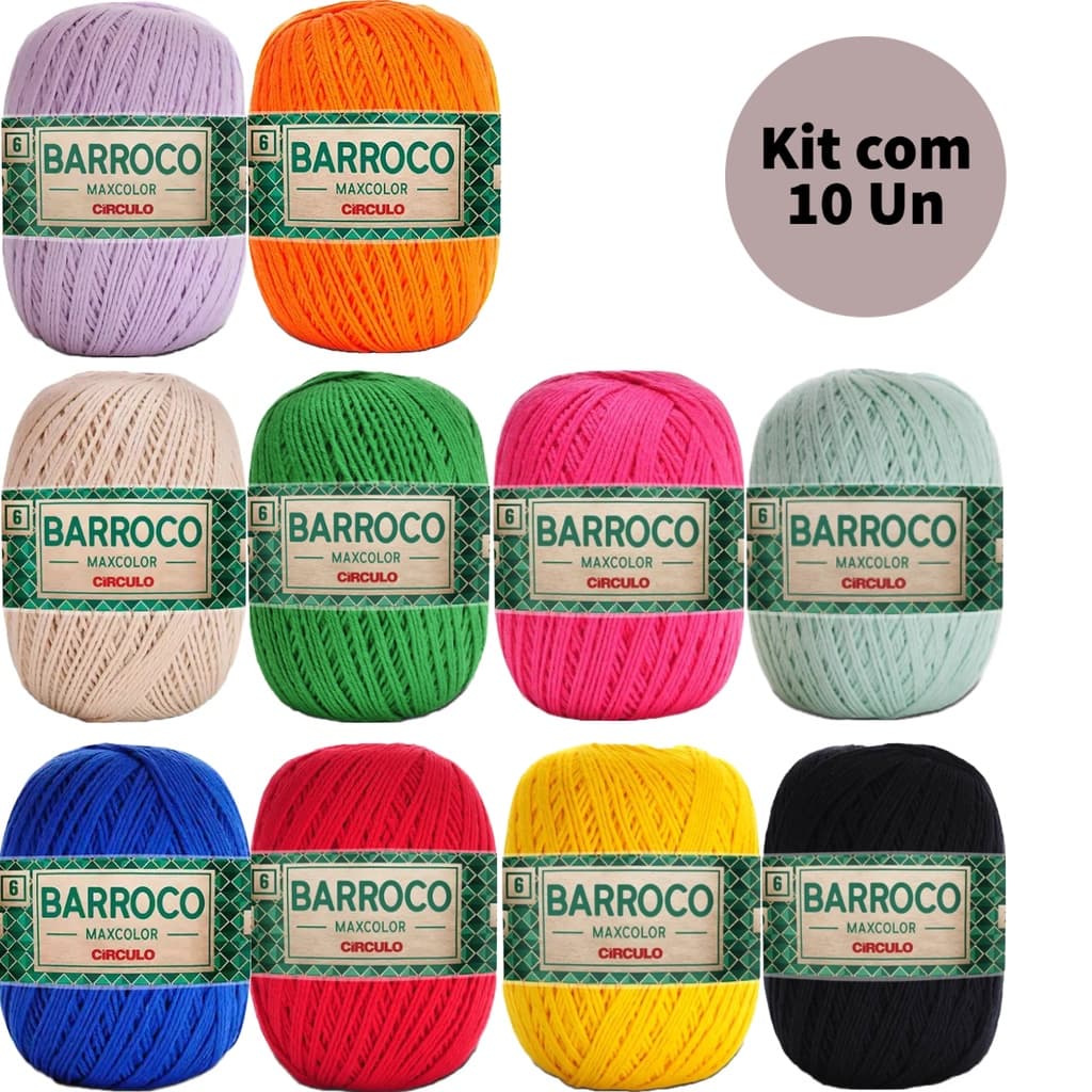 Kit com 10 Novelos Barbantes Barroco MaxColor Fio 6 com 226 Metros Cada Novelo Circulo para Crochê, Tricô, e Artesanato