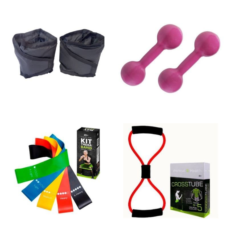 Kit Treino Completo Halter Emborrachado 1kg + Tornozeleira 1kg + Elástico + Theraband