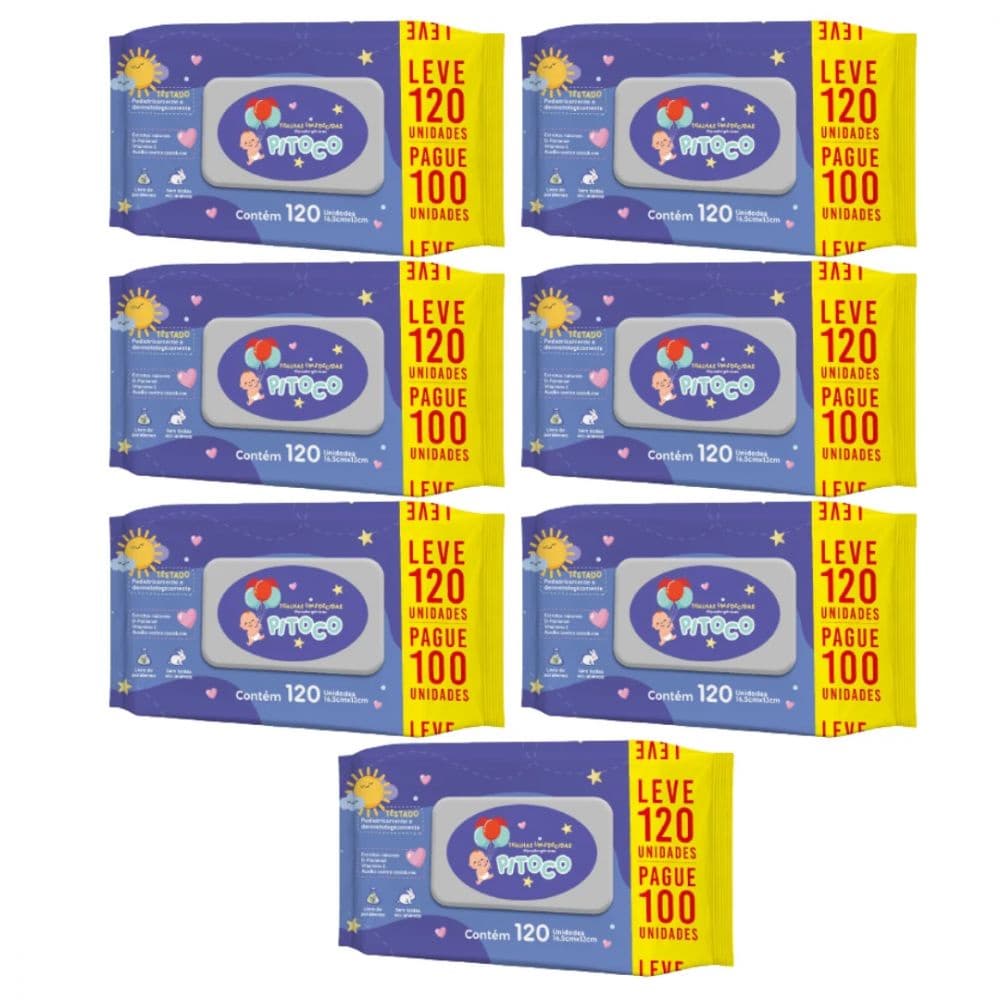 Toalhas Umedecidas Pitoco Livre de Parabenos 120 Unidades - Kit com 7 Unidades