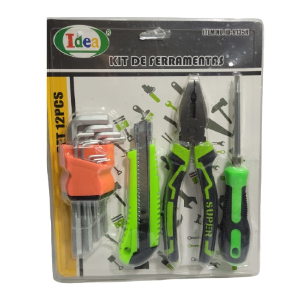 Jogo de Ferramentas 12 Peças com Alicate Chave de Fenda Estilete Jogo de Chaves Allen Kit Ferramentas Doméstico Completo
