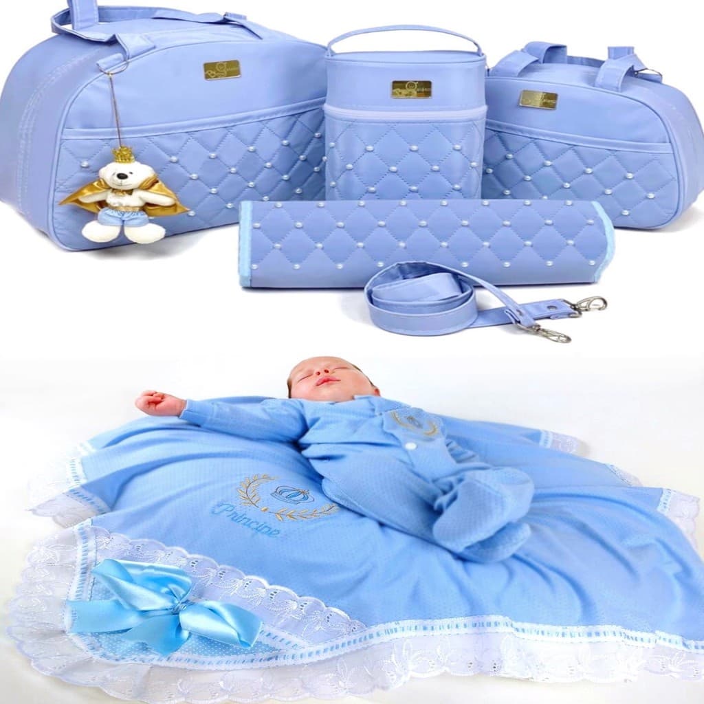 Kit de Bolsas Para Bebê Térmica e Impermeável Com Pingente Ursinho + Um Kit Saída de Maternidade Recém Nascido 100% algodão