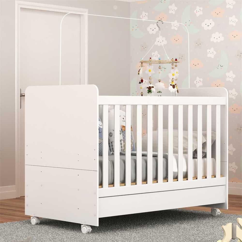 Berço Americano 3 em 1 com Colchão Incluso e Rodízios Bambino Multimóveis Branco 3 ANOS de Garantia