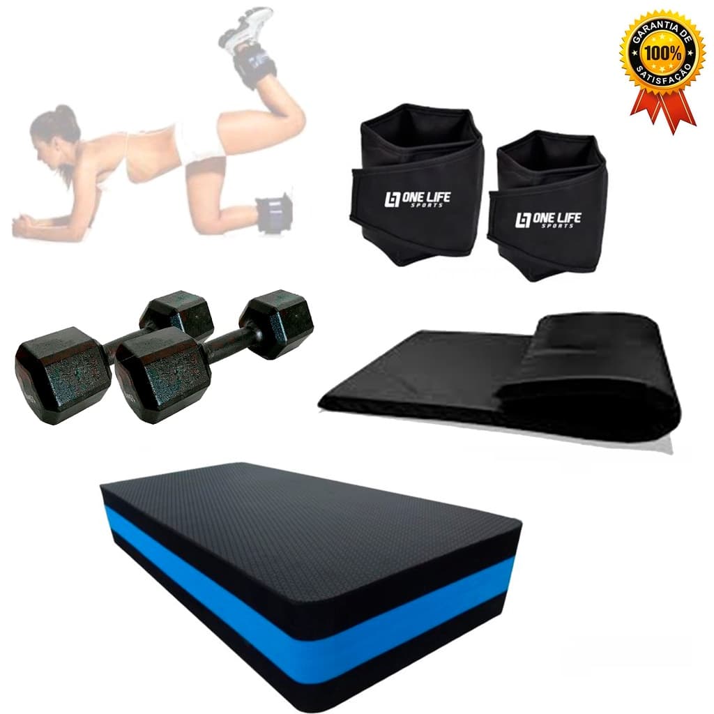 Kit Treino em casa - Step Em Eva + Colchonete + Caneleira 3 Kg + Halter 3kg