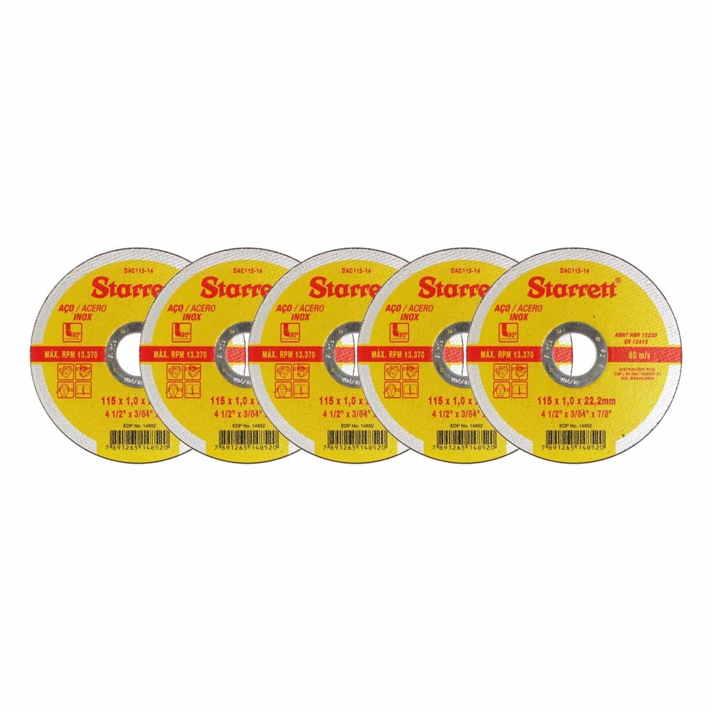 Kit 5 Discos De Corte Starrett Inox 115mm 4.1/2 x 1mm Extra Fino Profissional