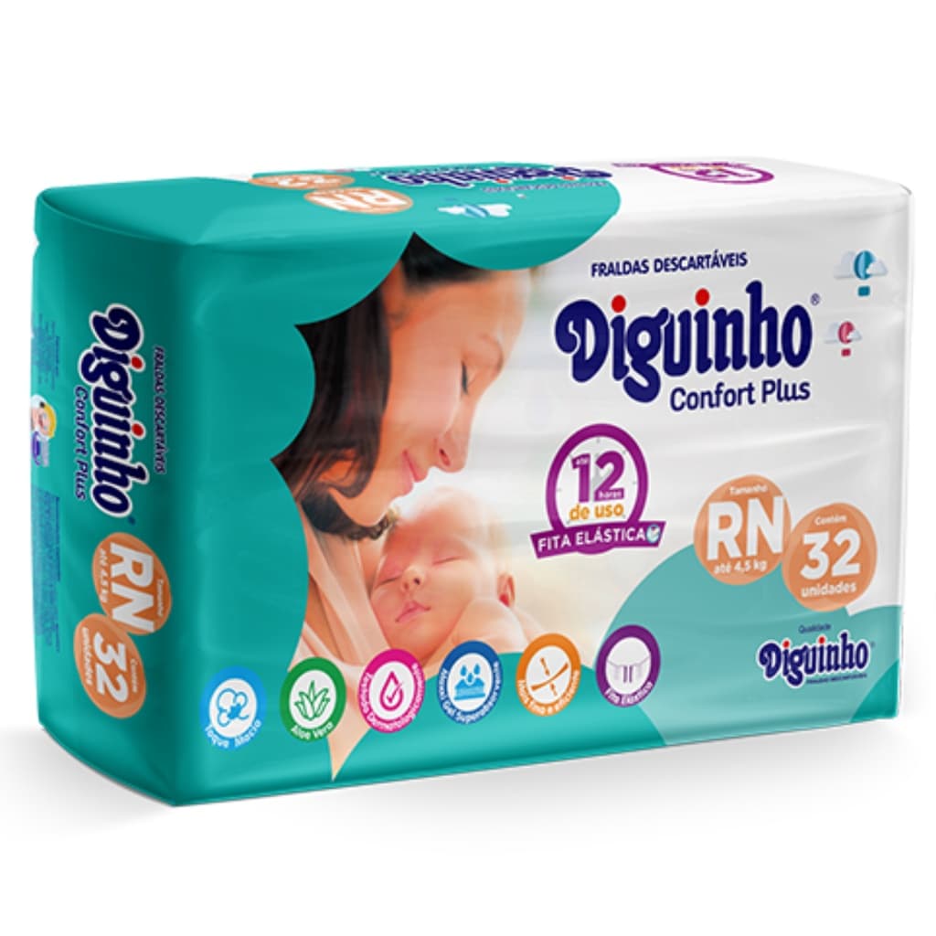 FRALDA DESCARTÁVEL DIGUINHO CONFORT PLUS RN COM 32 UNIDADES