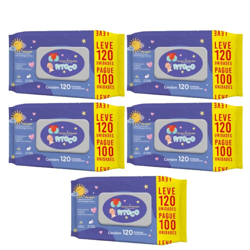 Chams Toalhas Umedecidas 120 Unidades - Kit com 5 Unidades Pitoco
