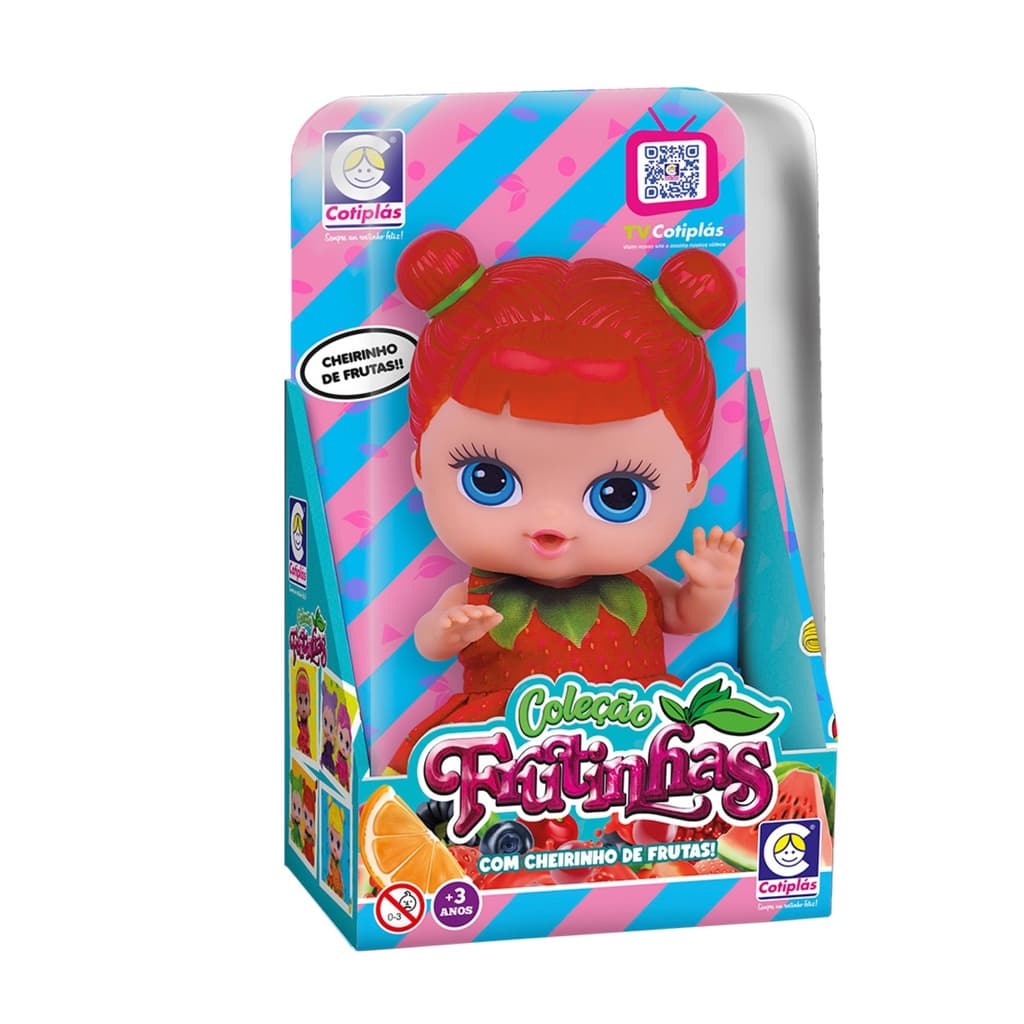 Boneca Cotiplas Frutinhas Morango 19cm Coleção c/ Cheirinho de Frutas Vinil Articulada - 2508