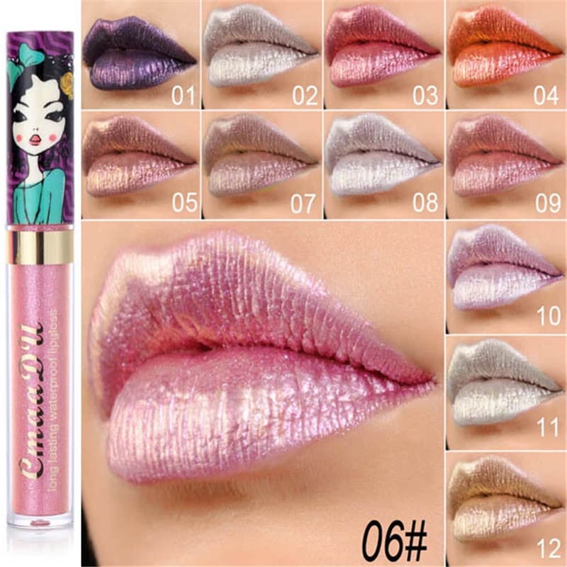 batom metálico matte  Brilho Labial Brilhante Menina Diamante À Prova D'água De Longa Duração 12 Cores Ouro flash Maquiagem De Batom Líquido