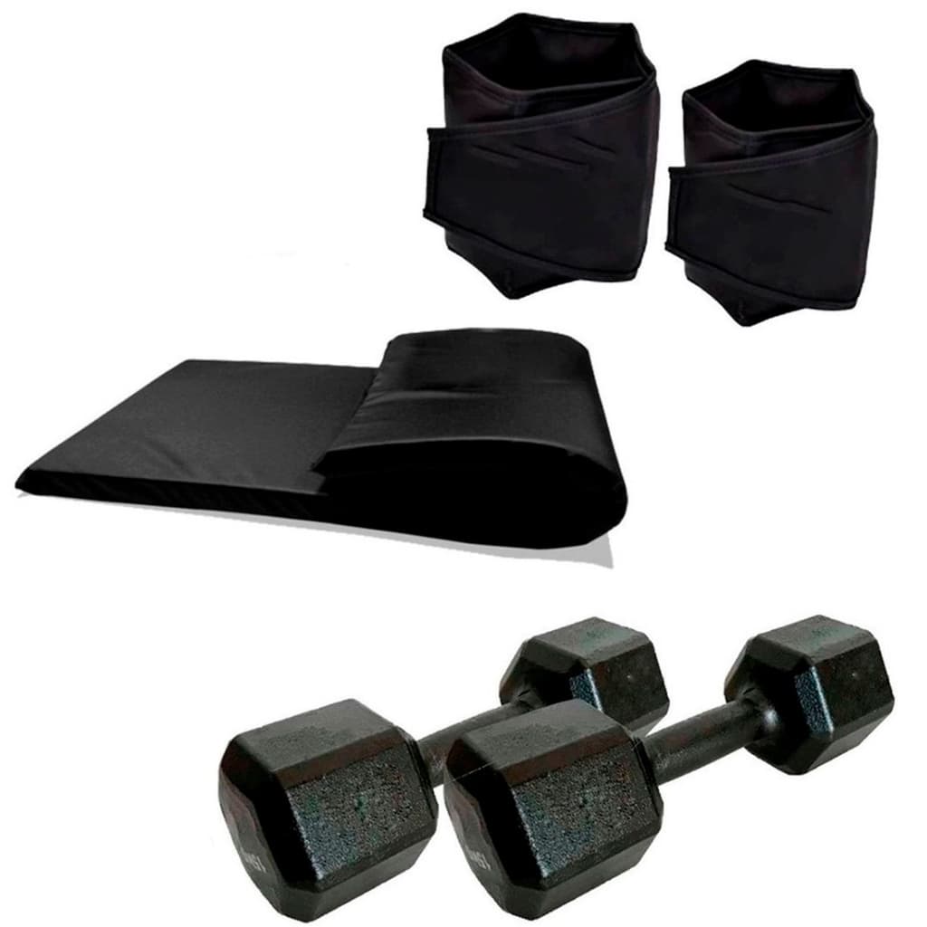 Kit Treino Aeróbico Barato  -Colchonete + Par Halter 5kg + Par Caneleira 4Kg