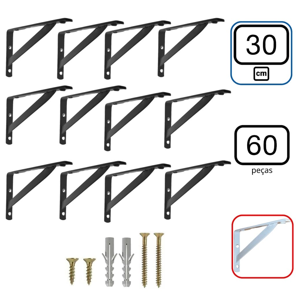 Mão Francesa 30cm 60 peças Preta - Suporte para Prateleira de Parede Cantoneira Industrial