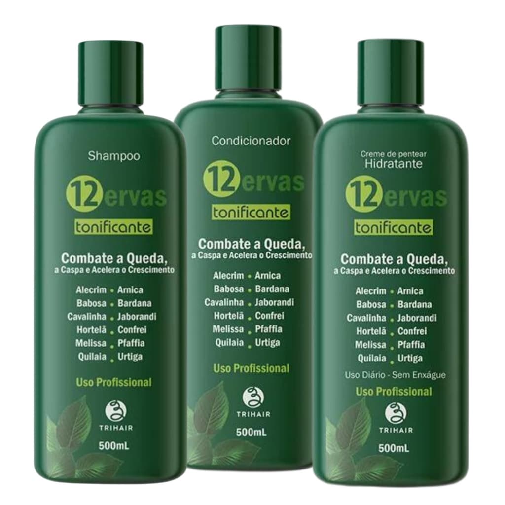 Kit Shampoo + Cond +Hidratante Profissional 12 Ervas Trihair