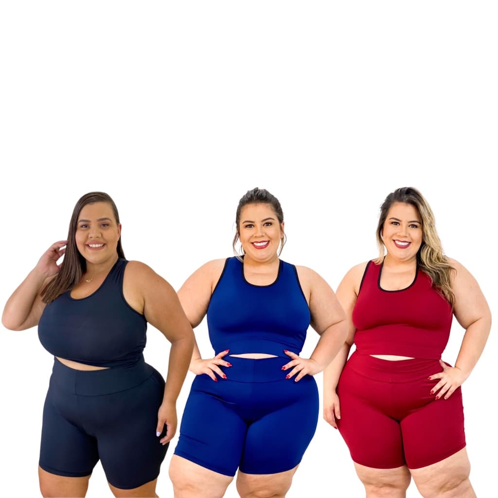 Kit de 3 Conjuntos Short e Top Regata Roupa Fitness Academia Plus Size Treino Caminhada Pilates Musculação
