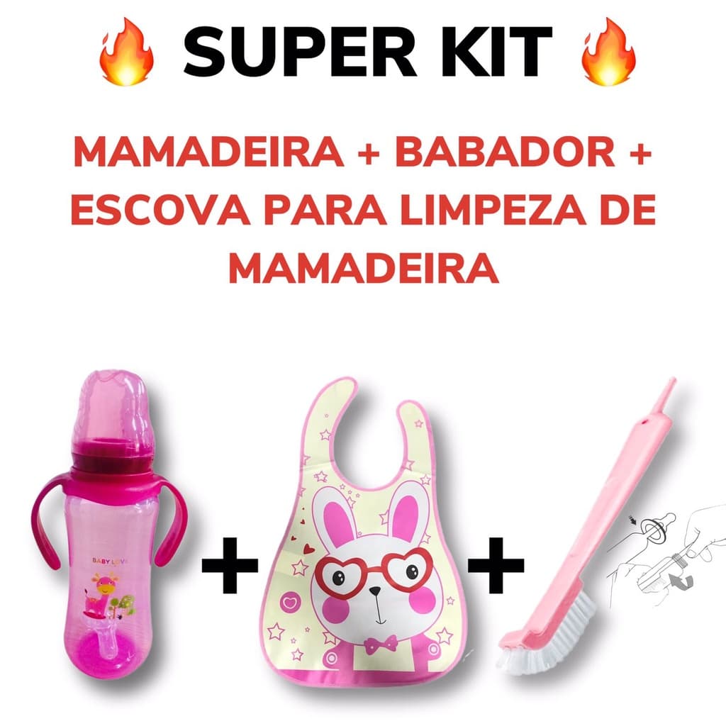 Kit Para Bebês com 3 peças: Babador, Mamadeira com Alça + Limpador de Mamadeira