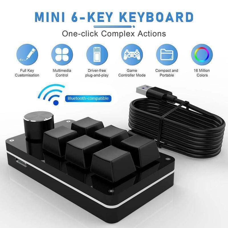 Teclado Mecânico Macro Custom Gaming com 6 Teclas Programáveis + 1 Botão Giratório Trocável One-handed