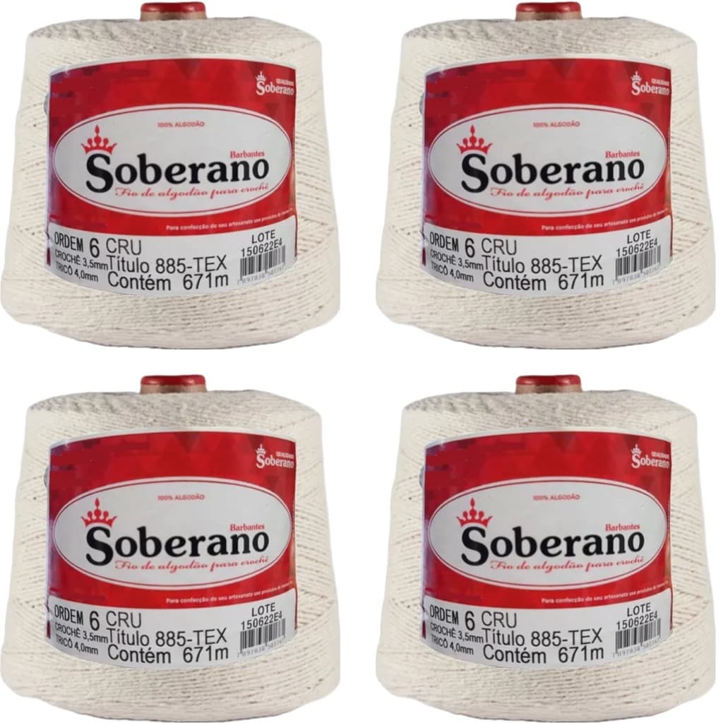Kit 4 Barbantes Cru de 671 Metros Fio n° 6 de 885 TEX Soberano Fio 100% Algodão para Crochê, Tricô, Frigorífico