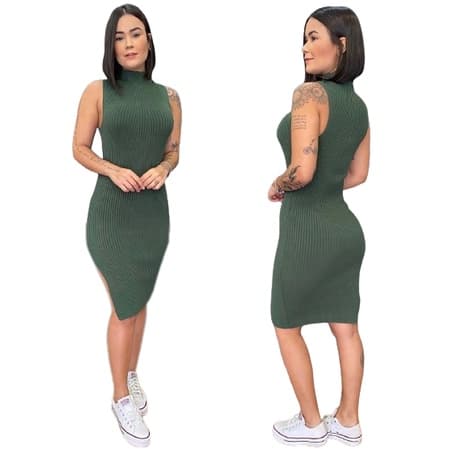 Vestido De Festa Feminino Midi Com Uma Fenda Lateral Gola Alta Malha Canelado Roupas & Vestidos Feminina