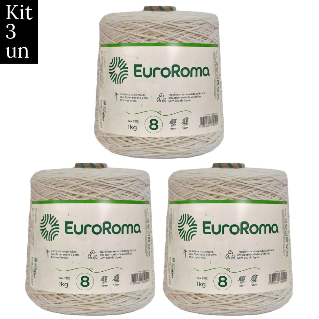 Kit 3 Barbantes Cru 1 Kilo Fio 8 Euroroma para Fazer Crochê, Tapetes, Caminhos de Mesa, Jogo de Banheiro e Artesanato