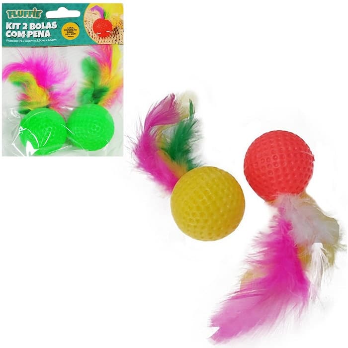 Brinquedo para gato bola com guizo + pena com 2 peças 