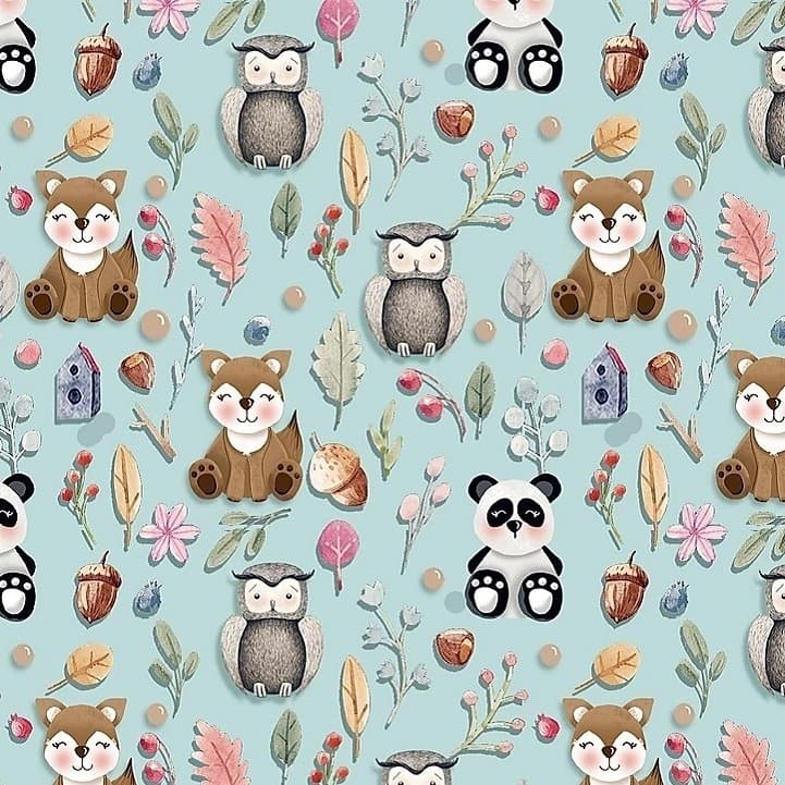 Tecido Patchwork Digital Animais na Floresta Mini Bichinhos Azul AN004