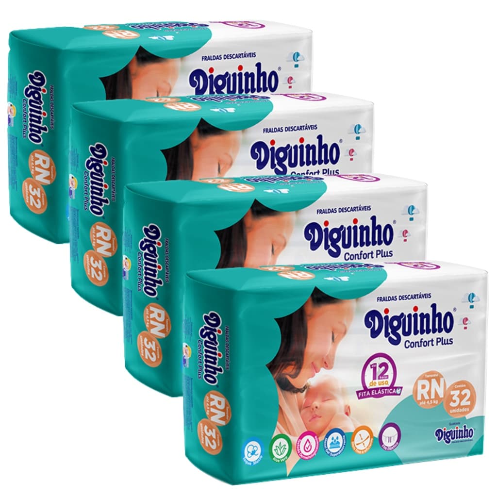 KIT FRALDA DESCARTÁVEL DIGUINHO CONFORT PLUS RN COM 128 UNIDADES