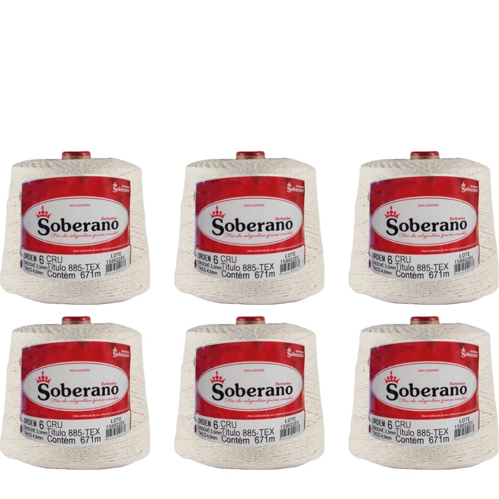 Kit 6 Barbantes Soberano Cru Fio Número 6 de 885 TEX, 700g para Crochê, Frigorífico e Artesanato