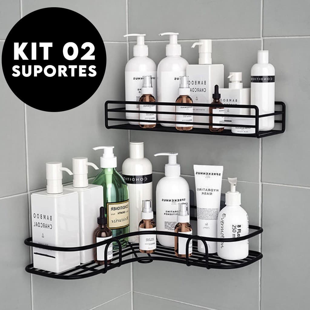 Kit com 2 Suportes De Metal Adesivo Para Parede Cozinha e Banheiro/Suporte Organizador Canto Shampoo Banheiro Preto