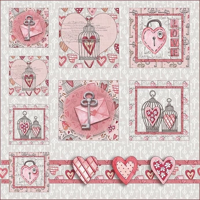Tecido Patchwork Digital Chaves e Cadeados Painel Cinza Rosa Goiaba CD006
