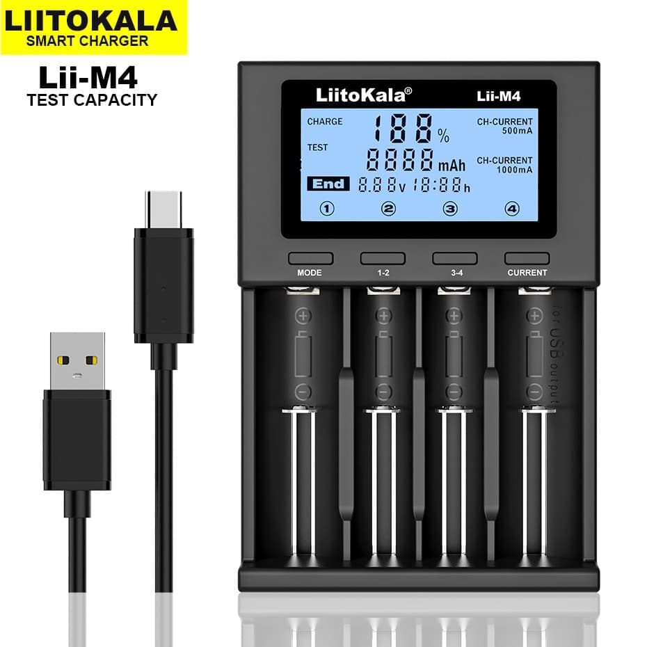 Liitokala LII-M4 Testador e Carregador Inteligente de Pilhas e Baterias Lítio Nimh, 18650 26650 14500 AA AAA Lítio NiMH Com Visor LCD carregador incluso. Carregador rápido - universal - o melhor do mundo. Envio testado individualmente no mesmo dia.