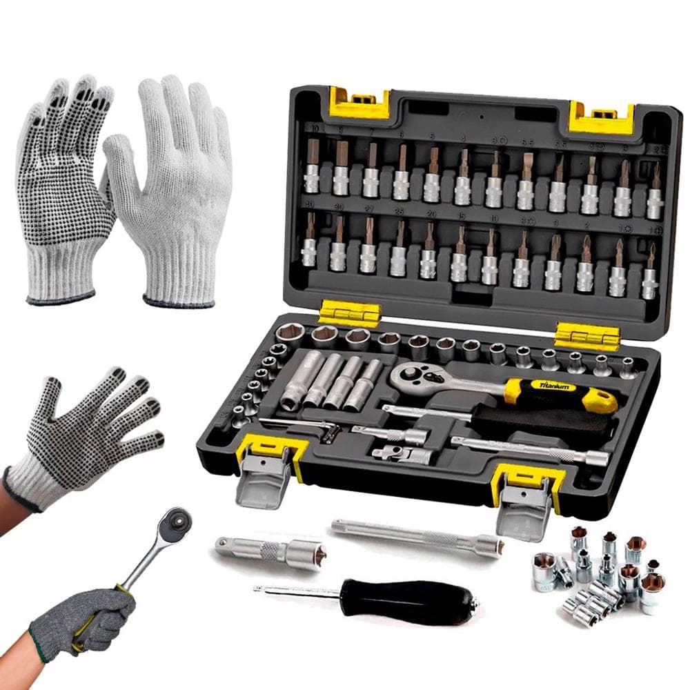 Kit  Jogo Chaves Catraca Reversível Soquetes Bits Aço Cr-V 57 Peças + Luva Pigmentada Antiaderente
