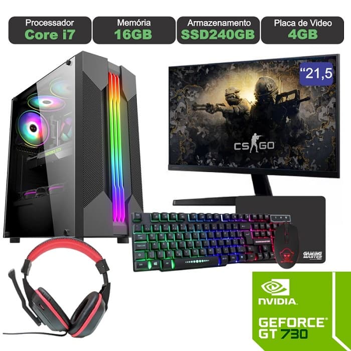 Computador Gamer completo Intel Core i7 16GB de Memória SSD 240GB Placa de Video Geforce 4GB Monitor 21.5