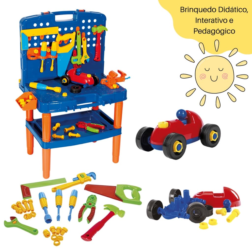 Brinquedo Educativo Ferramentas de Brinquedo com Bancada e Carrinho para Montar e Desmontar Poliplac