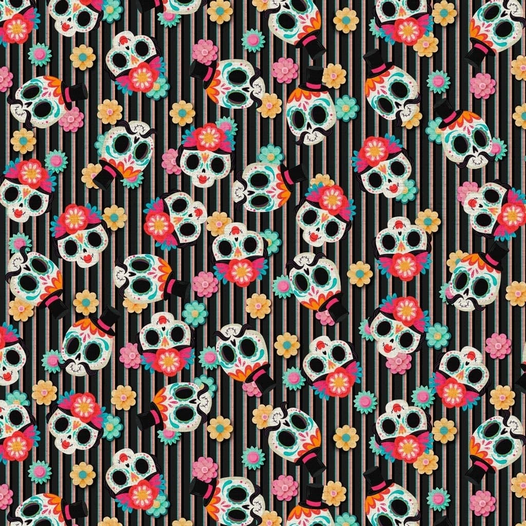 Tecido Patchwork Digital Caveiras Listrado Preto 9017081