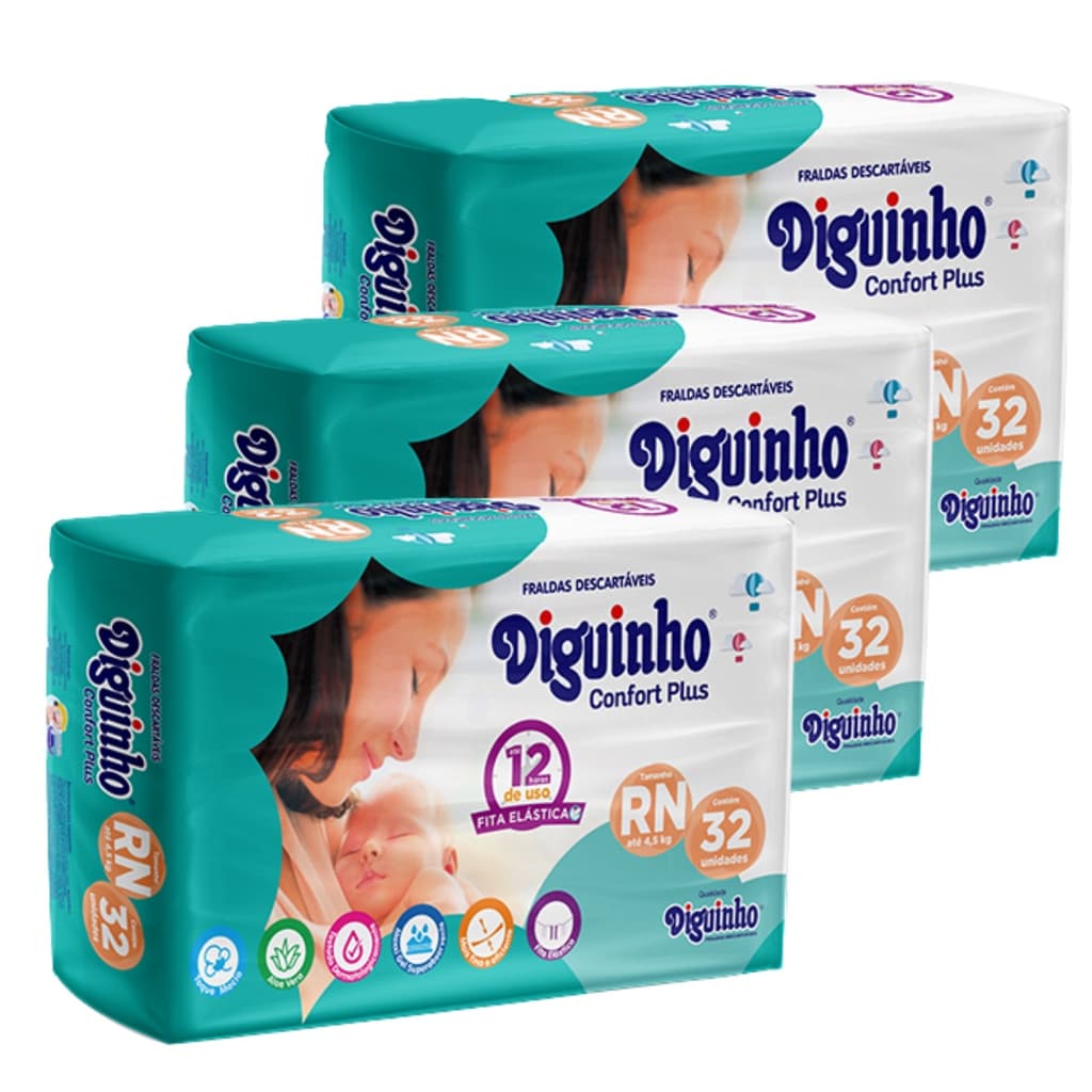 KIT FRALDA DESCARTÁVEL DIGUINHO CONFORT PLUS RN COM 96 UNIDADES