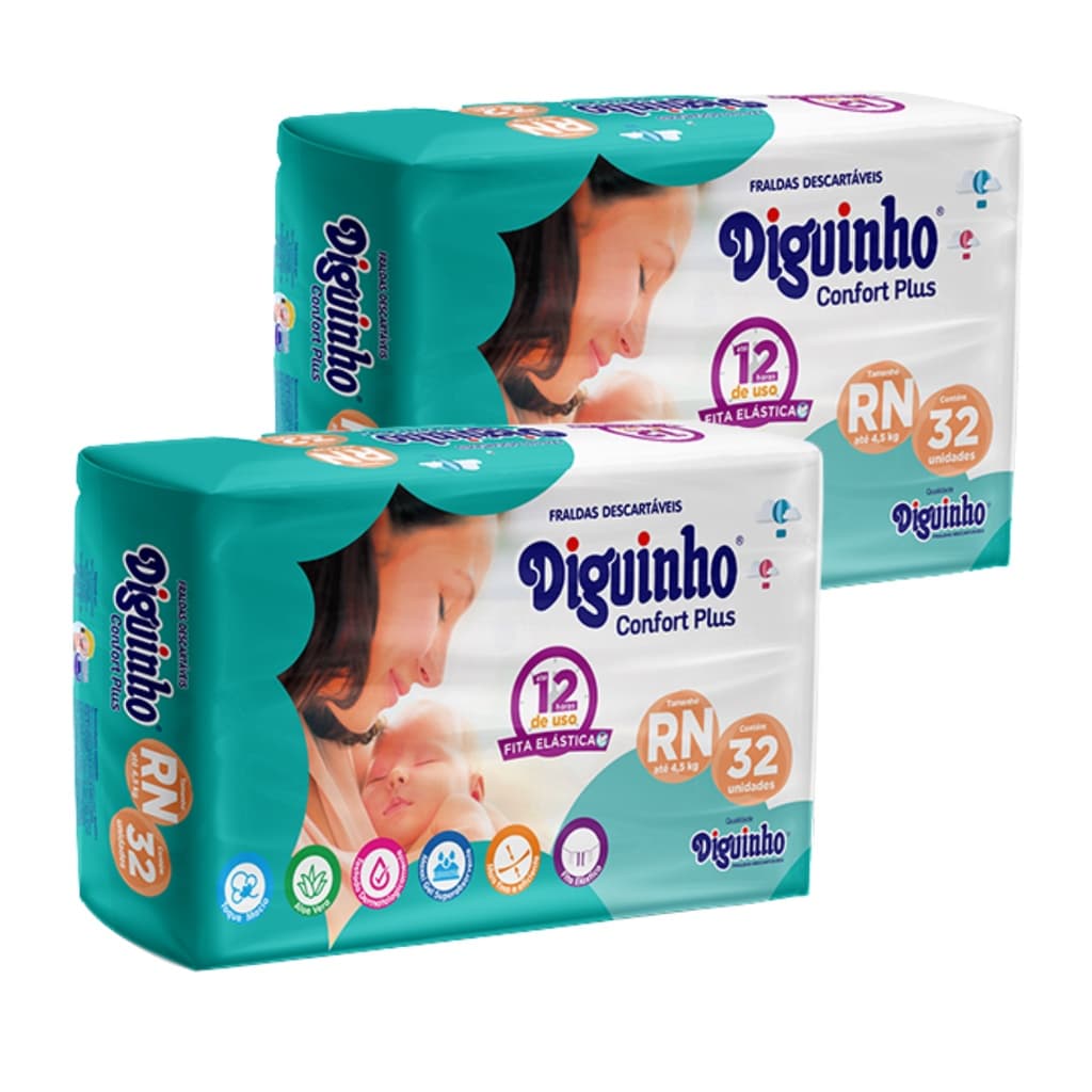 KIT FRALDA DESCARTÁVEL DIGUINHO CONFORT PLUS RN COM 64 UNIDADES