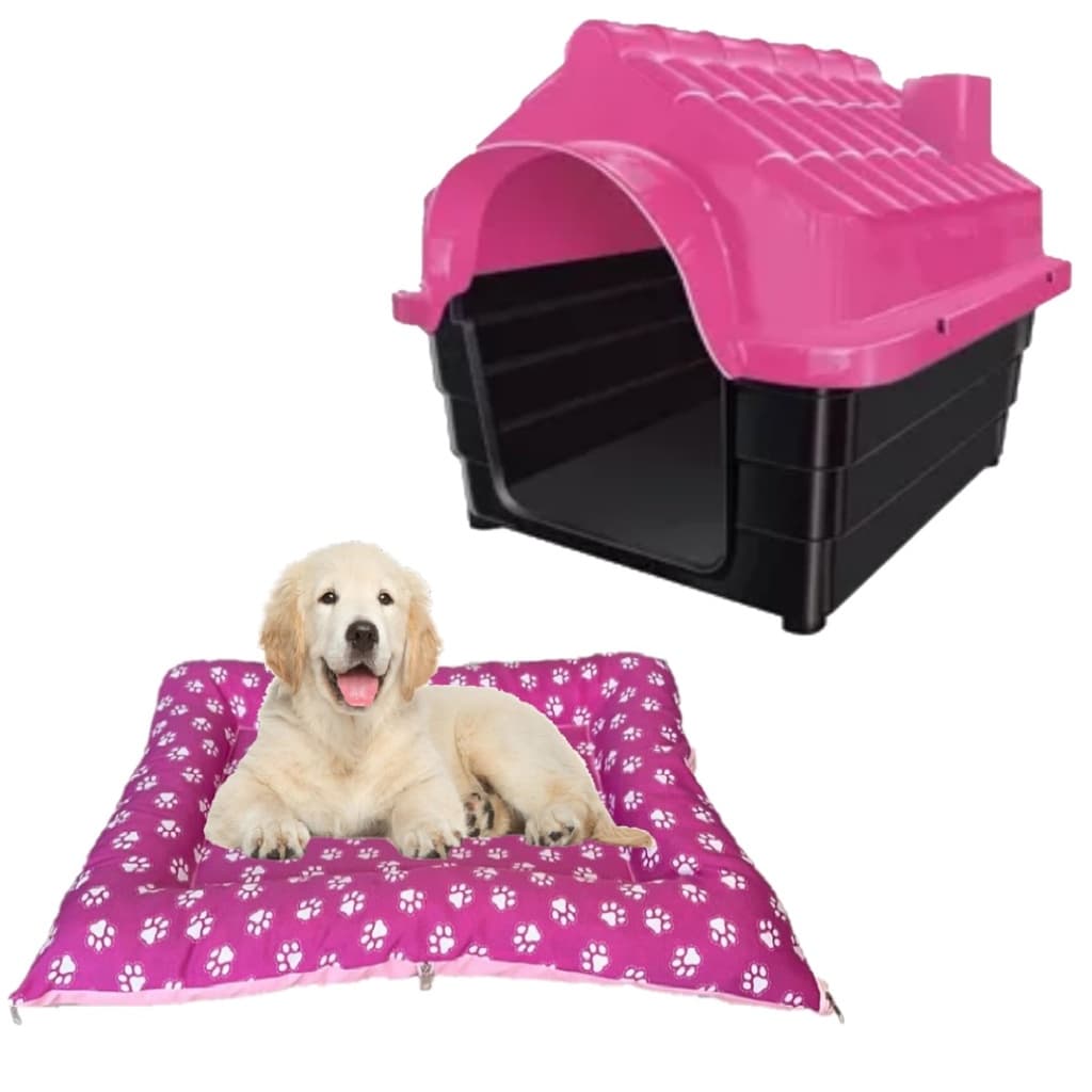 Kit Casinha Pet Resistente N4 Rosa E Cama Colchonete Cat Pet