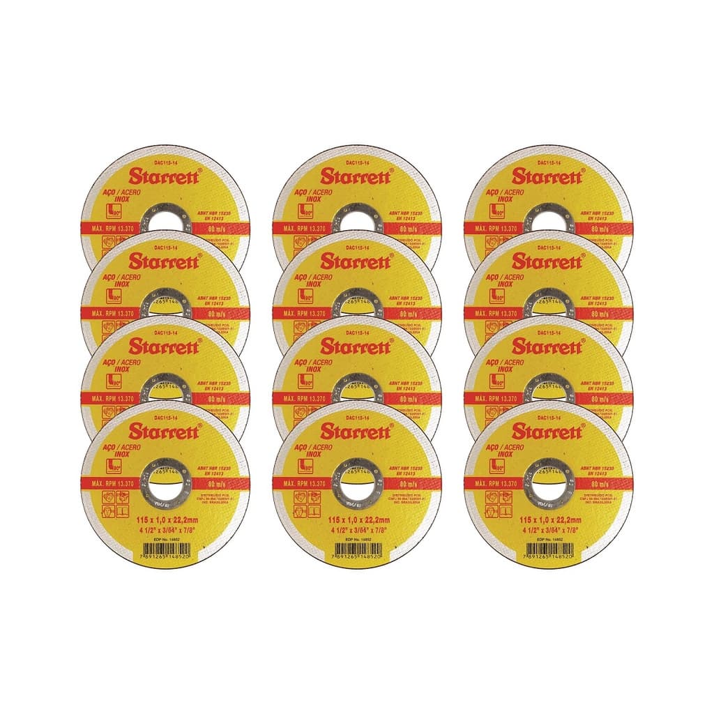 Kit 12 Discos De Corte Extra Fino Inox Starrett 115mm 4.1/2" x 1mm Profissional