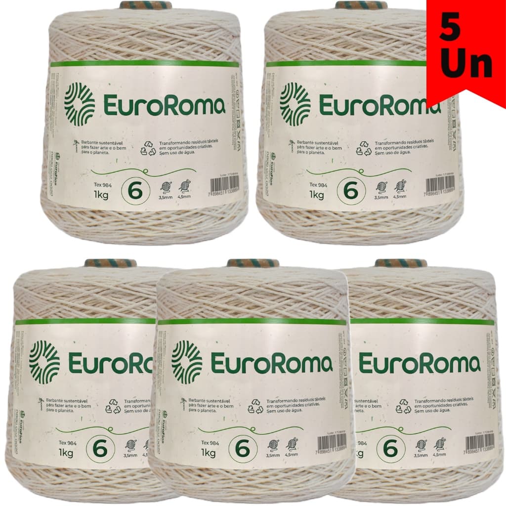 Kit 5 Cones Barbante Euroroma Cru 1kg Fio n° 6 Para Crochê, Tricô, Macramê, Amigurumi, Frigorífico e Artesanato