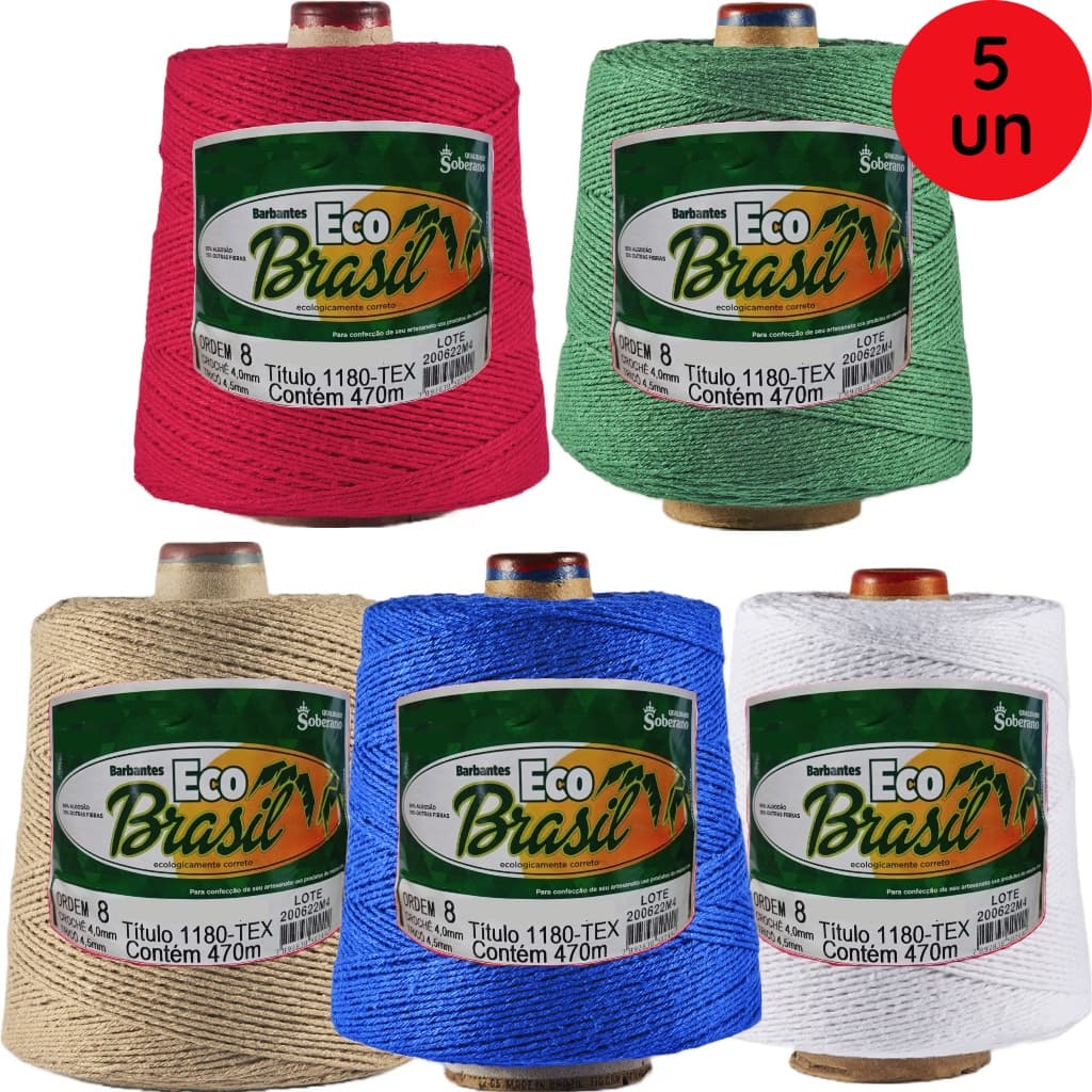 Kit 5 Barbantes Eco Brasil Fio n°8 de 1180 TEX e 470 Metros Soberano Crochê Tricô Macramê Amigurumi