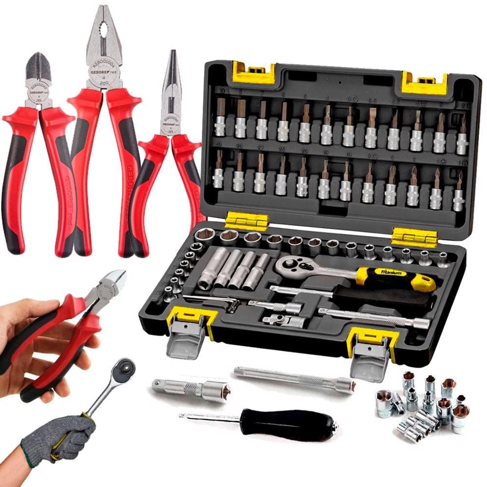Kit Jogo Chave Catraca Reversível Soquetes Bits Aço Crv 57 Peças + Jogo De Alicates 3 Pçs Gedore Red