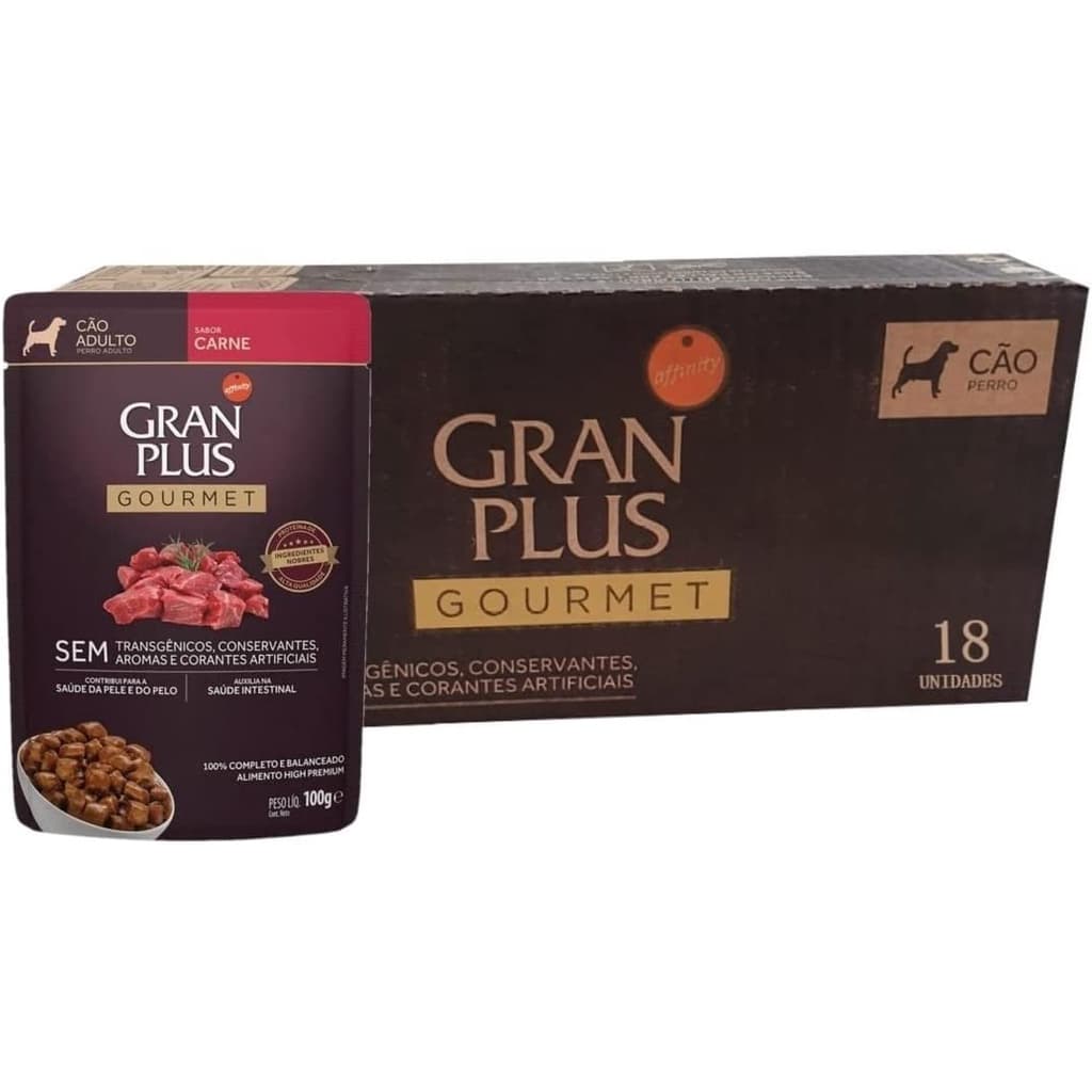 Caixa 18un Ração Úmida Sachê GranPlus Gourmet Cães Adultos Carne 100g