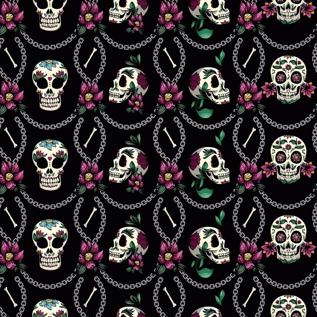 Tecido Patchwork Digital Caveiras Com Correntes Preto 9017090