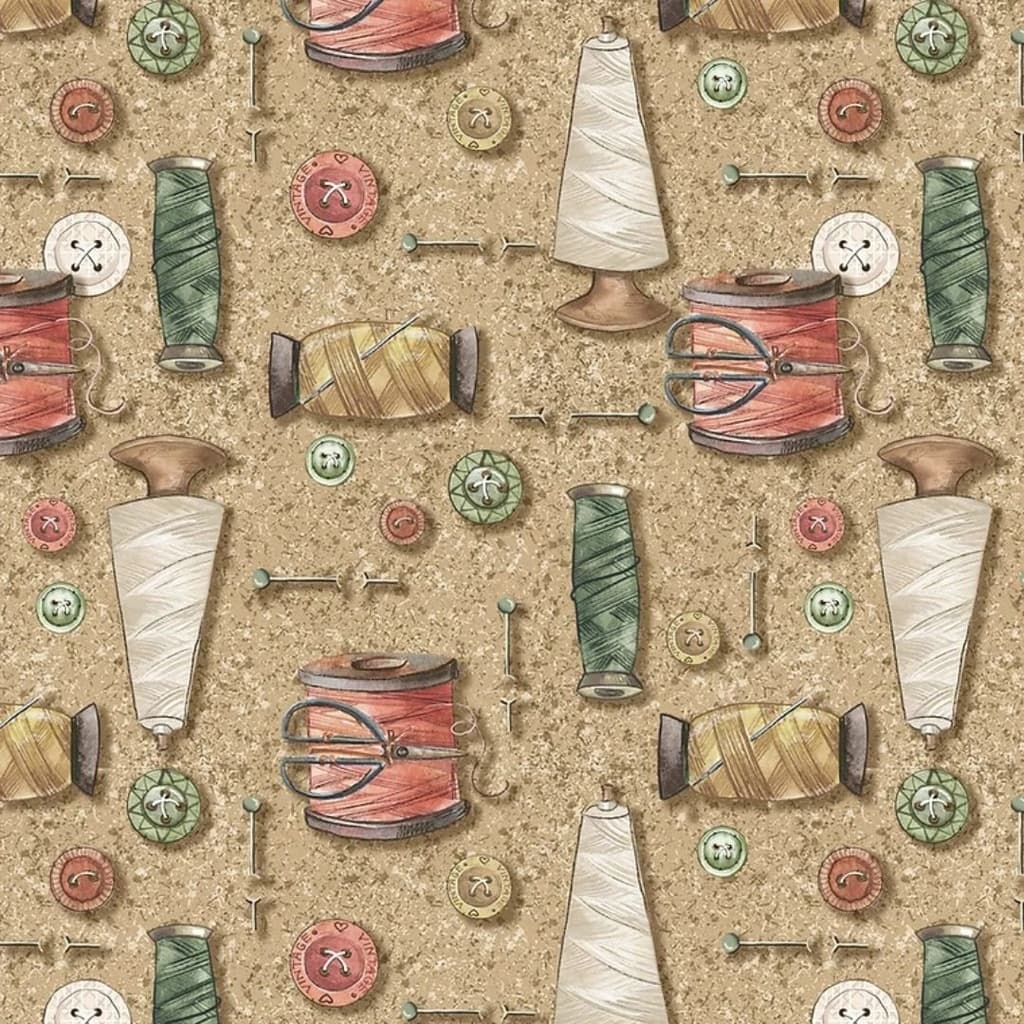 Tecido Patchwork Digital Carretéis e Botões Caramelo Costurando CS011