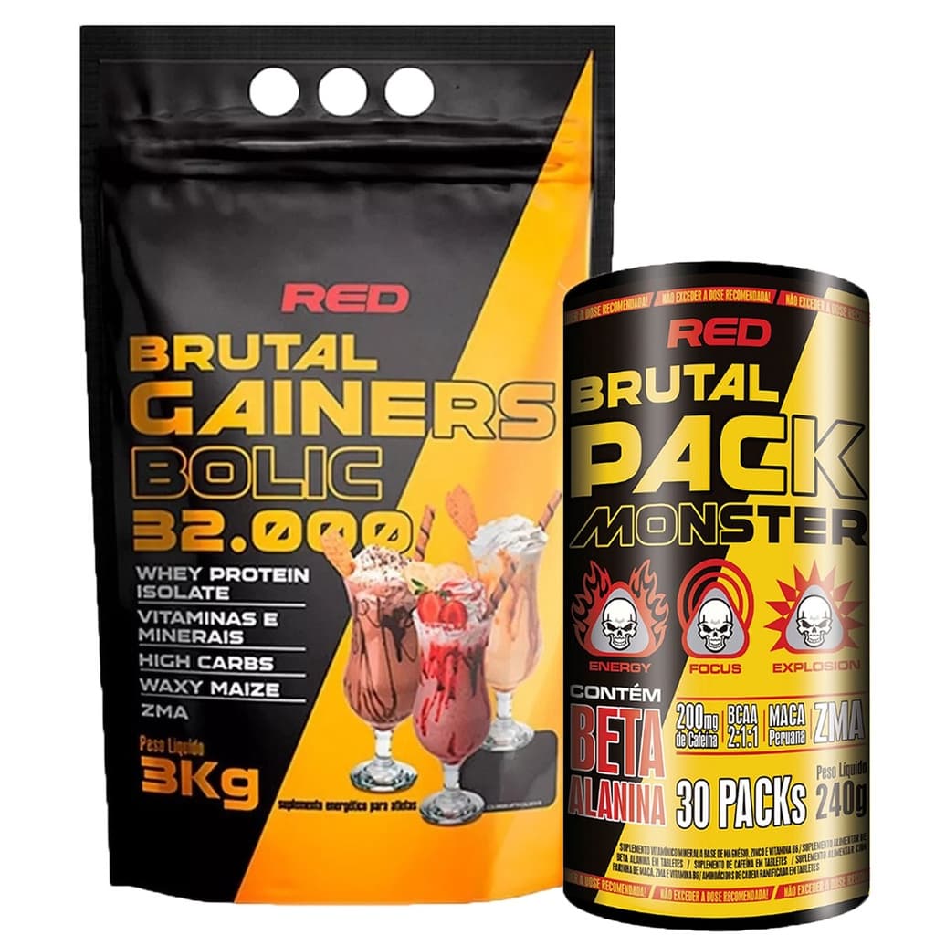 Kit Hipercalórico Brutal Gainers 3kg + Brutal Pack Monster Pré treino 30 packs - Red Series