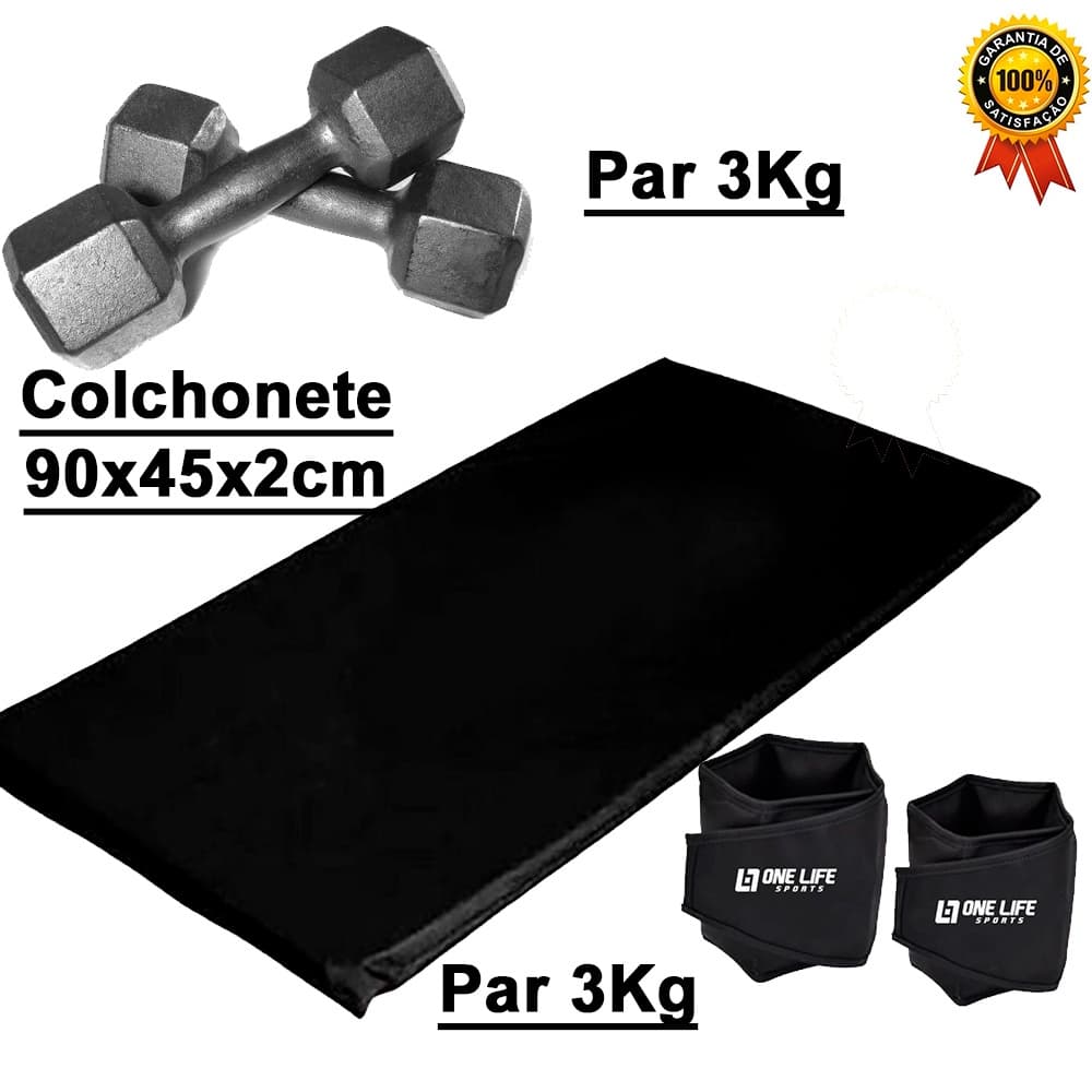 Kit Treino  Em Casa - Colchonete + Par Halter Sextavado 3kg + Par Caneleira 3Kg - Academia Cross training em Casa