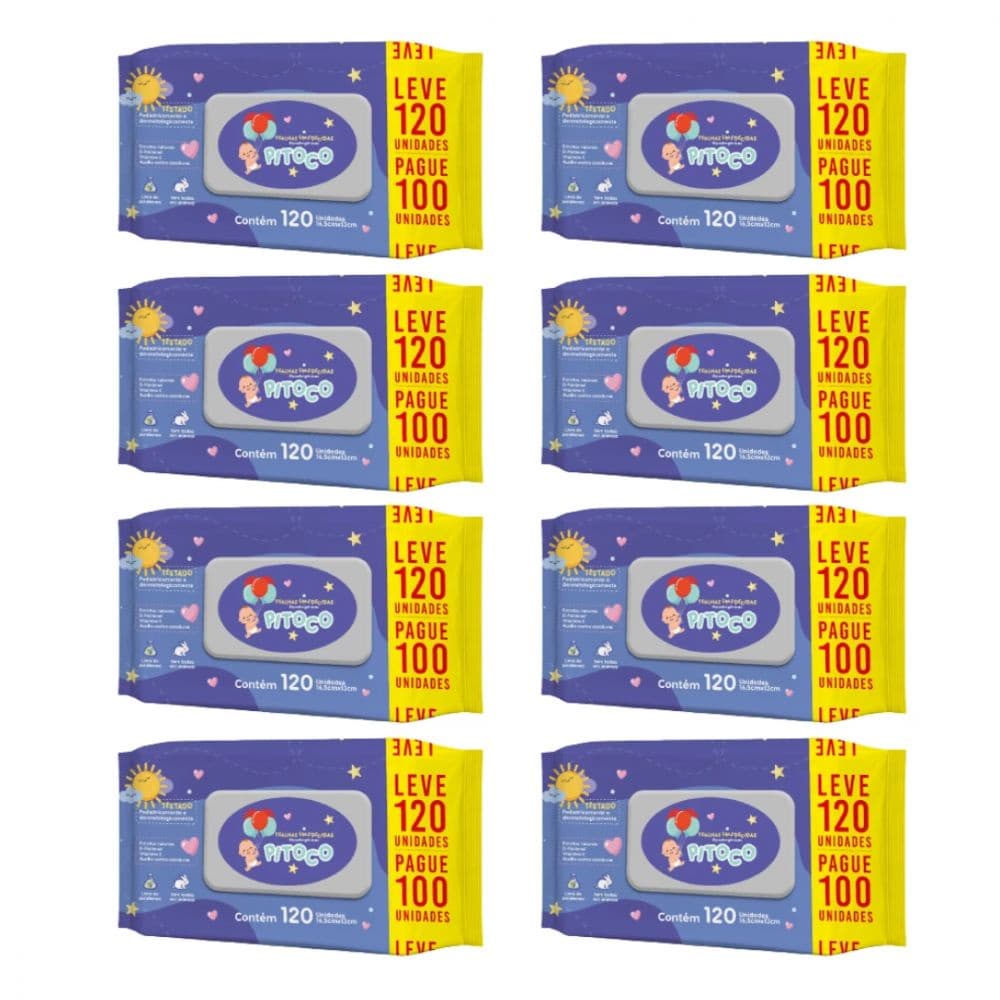 Toalhas Umedecidas Pitoco 120 Unidades (960 Unidades Total) - Kit com 8